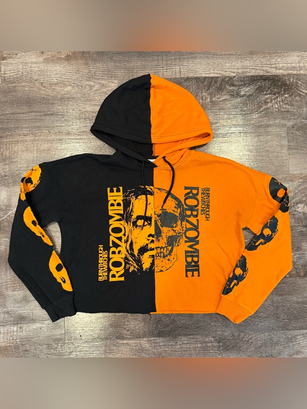 Rob Zombie Orange and Black Split Cropped Women’s Hoodie Halloween Skulls XS